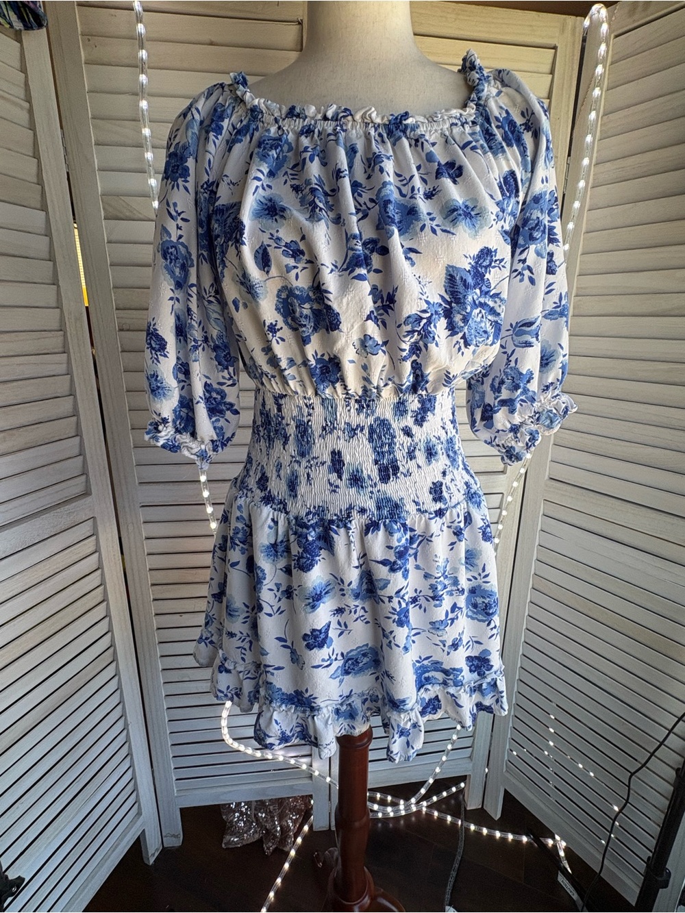 Main Strip White Mini Dress with Blue Floral Print
